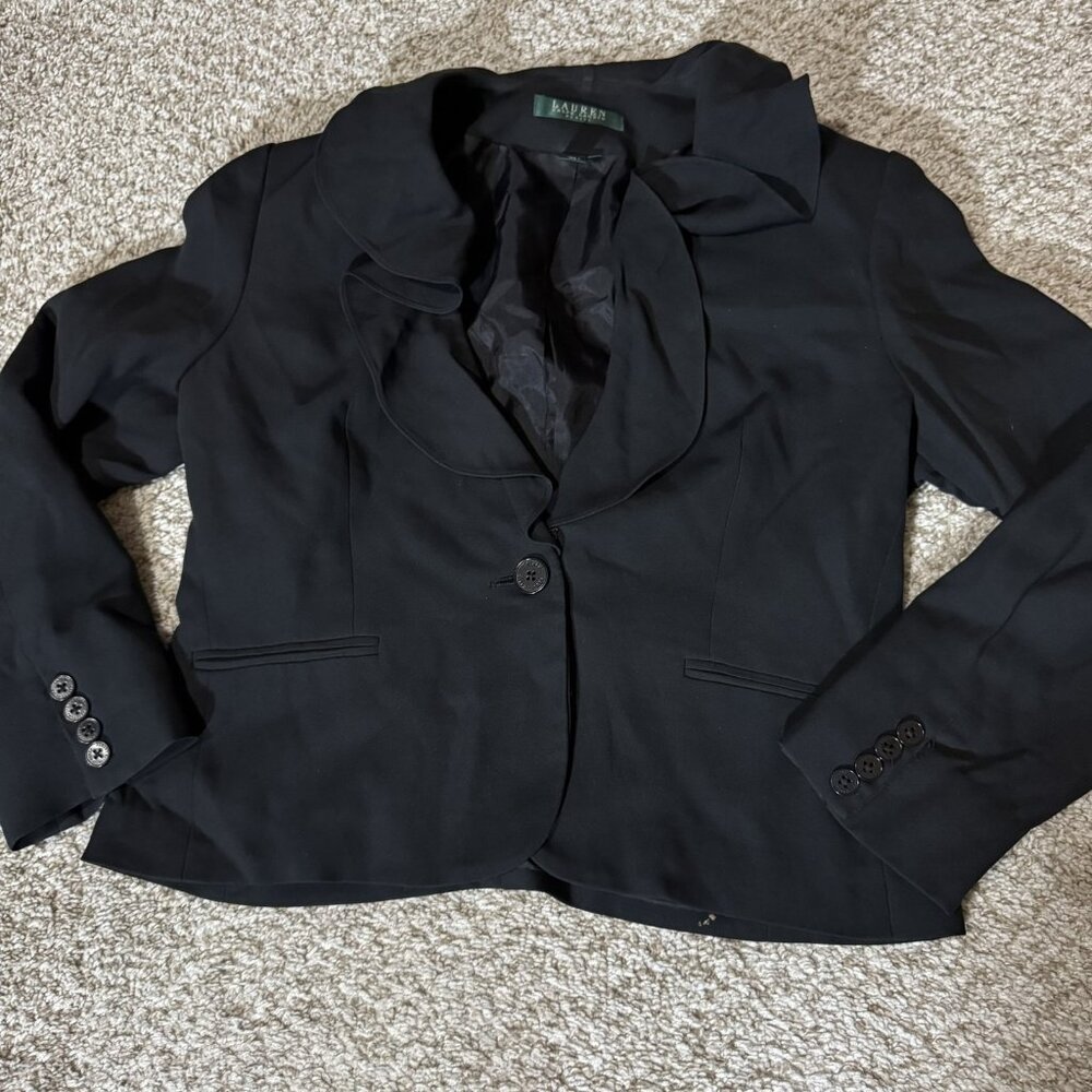 Lauren Ralph Lauren Petite Black Silk Blend Blazer Jacket Size 10P One Button